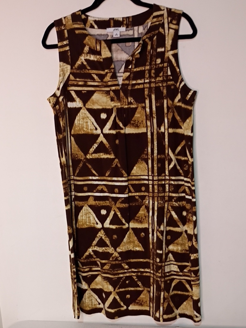 Anne Klein Sport Brown and Gold Geometric Tunic Stretchy Vacation Midi Dress